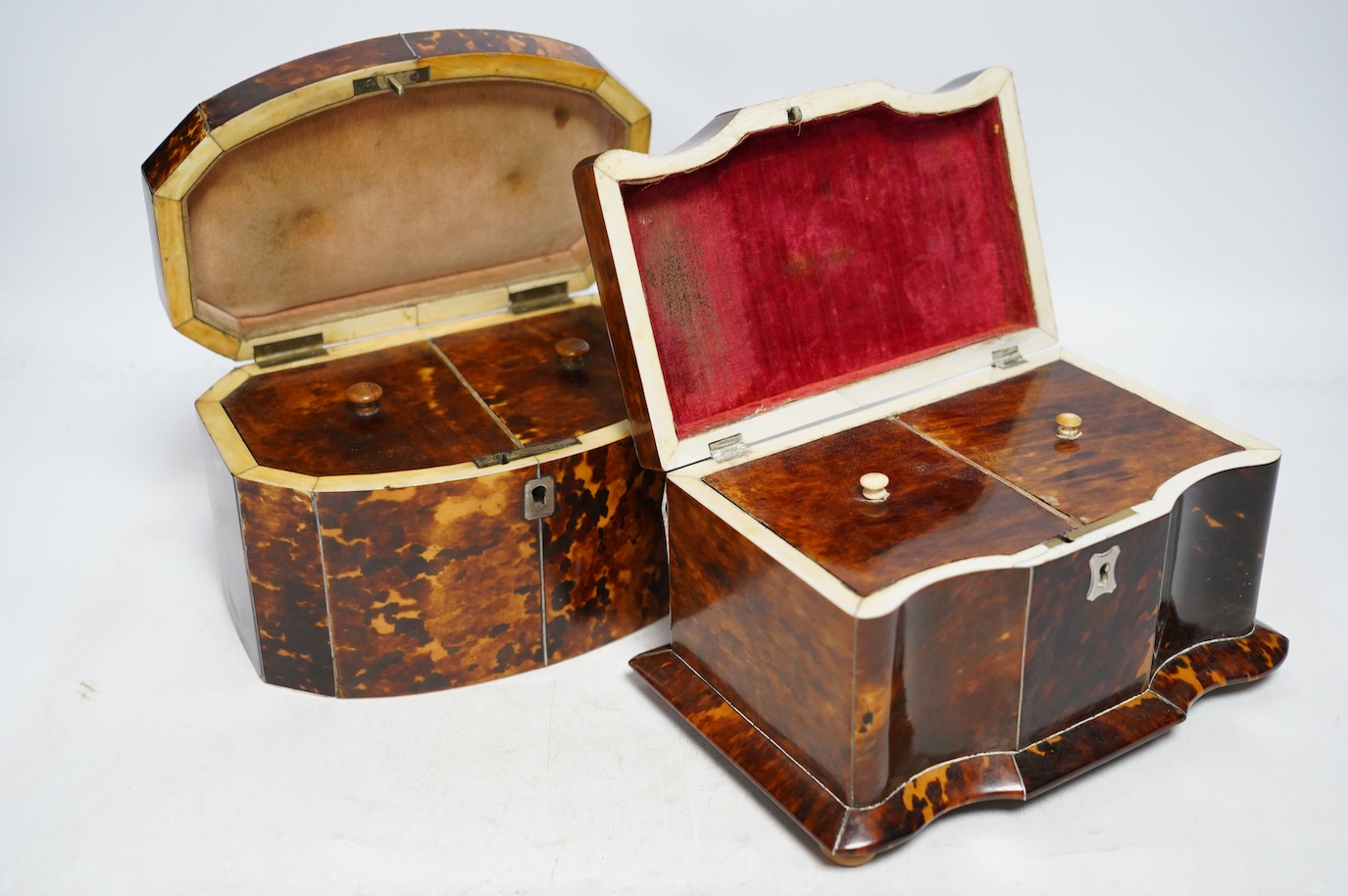 Two Regency ivory inlaid tortoiseshell tea caddies, 20cm wide, CITES Submission references DPGGV1RZ & 5672U3PY. Condition - fair